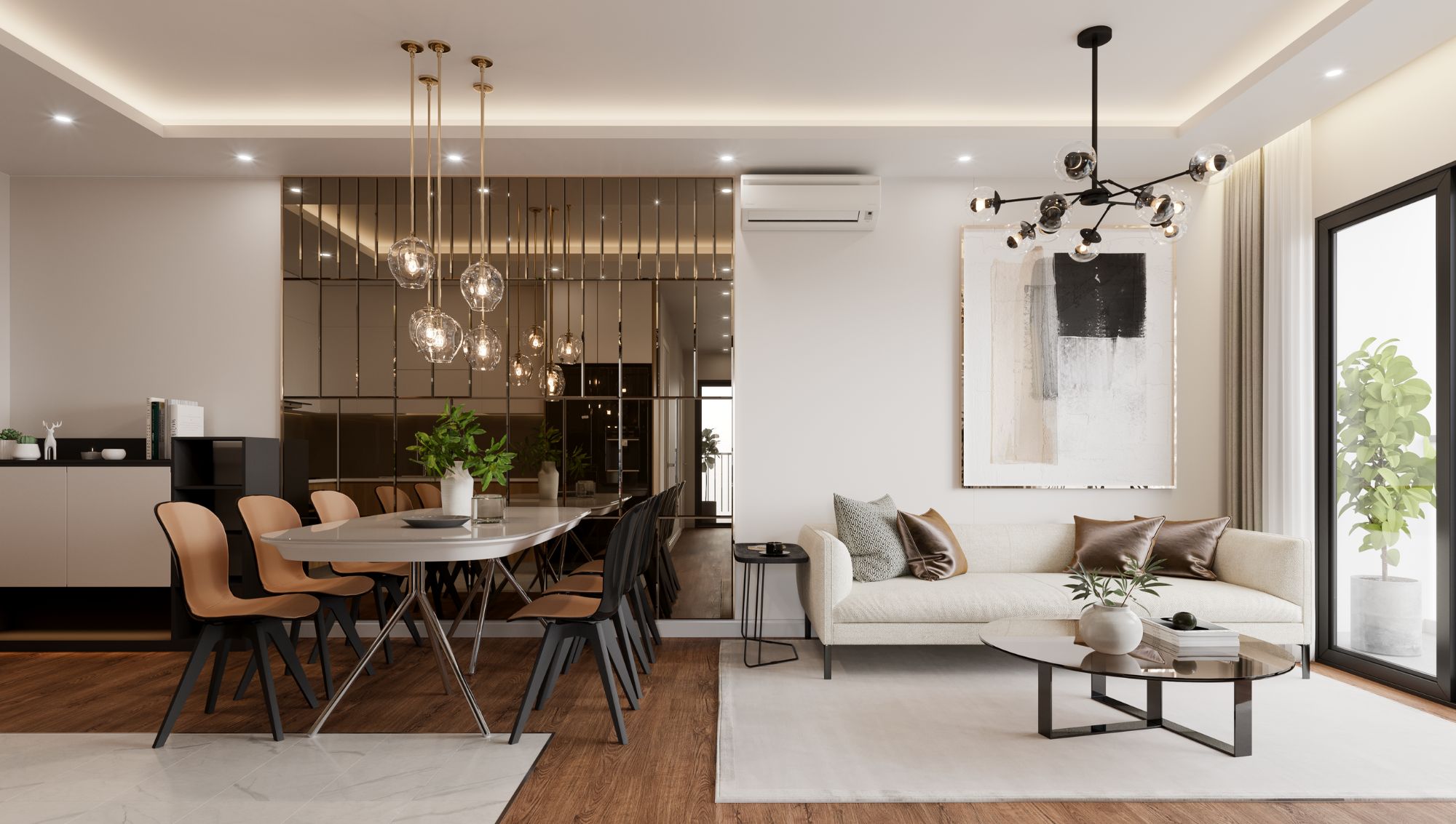 Modern upscale living room with stylish finishes, representing a recently purchased home with Redding Mortgage in Redding, CA..